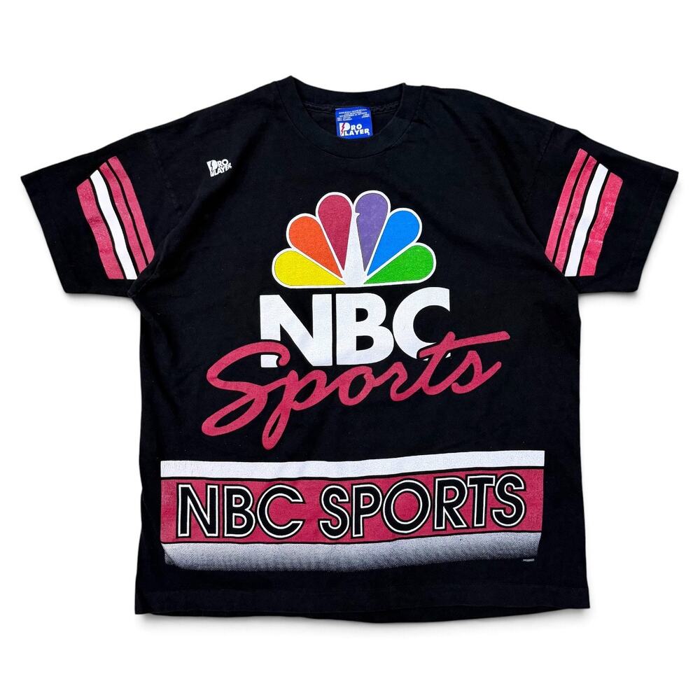 Vintage 90s NBC Sports Peacock AOP T Shirt Pro Player USA Made Double Sided Lrg